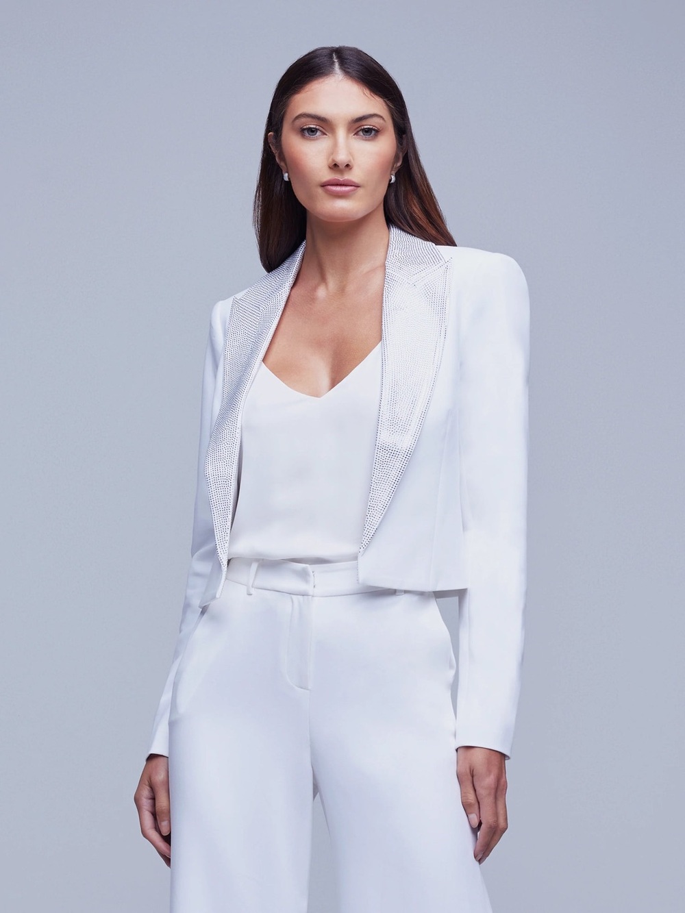 L'AGENCE Jen Rhinestone Crop Blazer in white